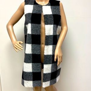 Talbots Faux Fur Long Duster Vest black & white check size S